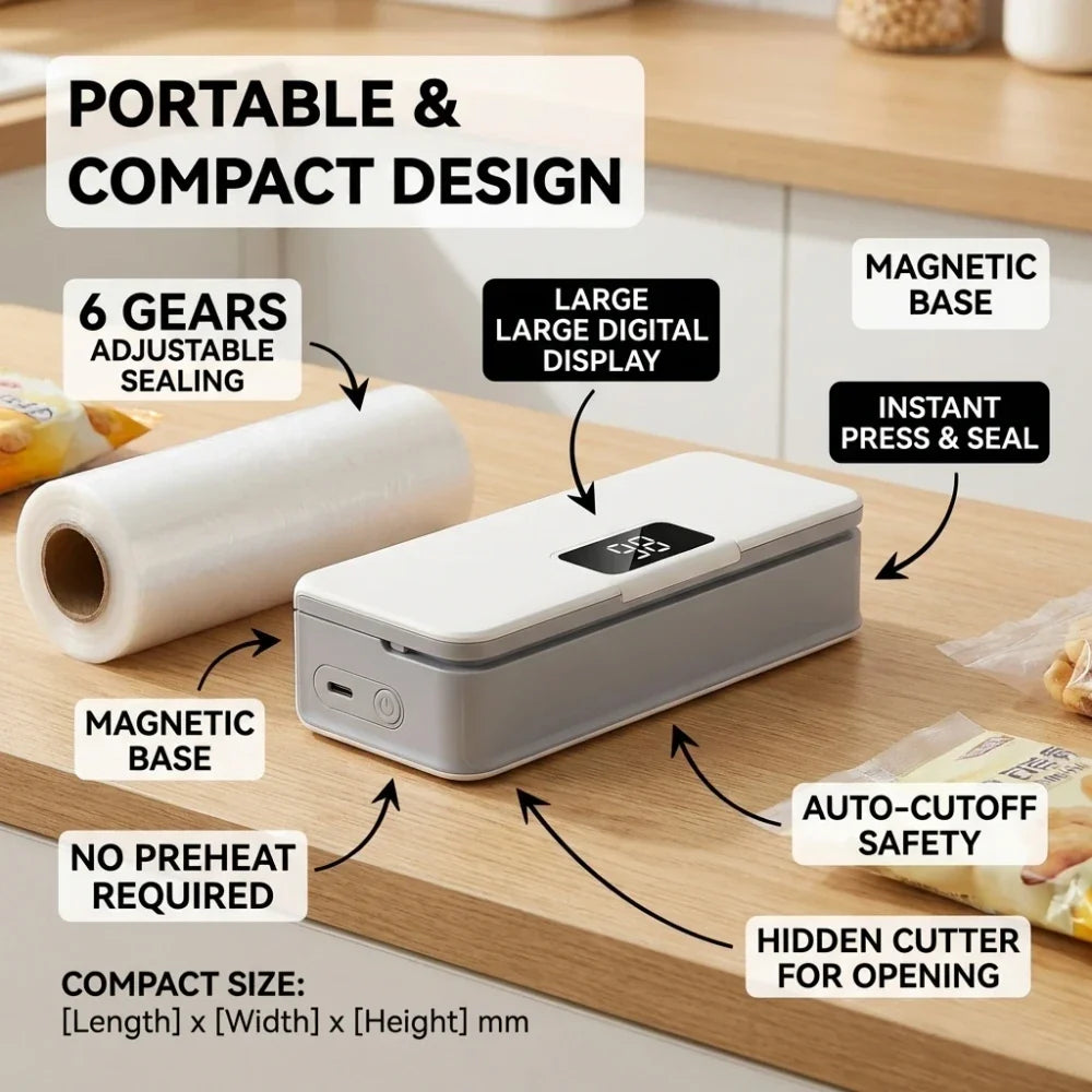 Rechargeable mini bag sealer, white, on kitchen counter