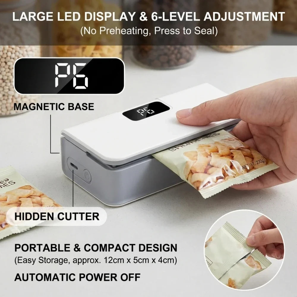 Mini bag sealer sealing an open snack bag airtight