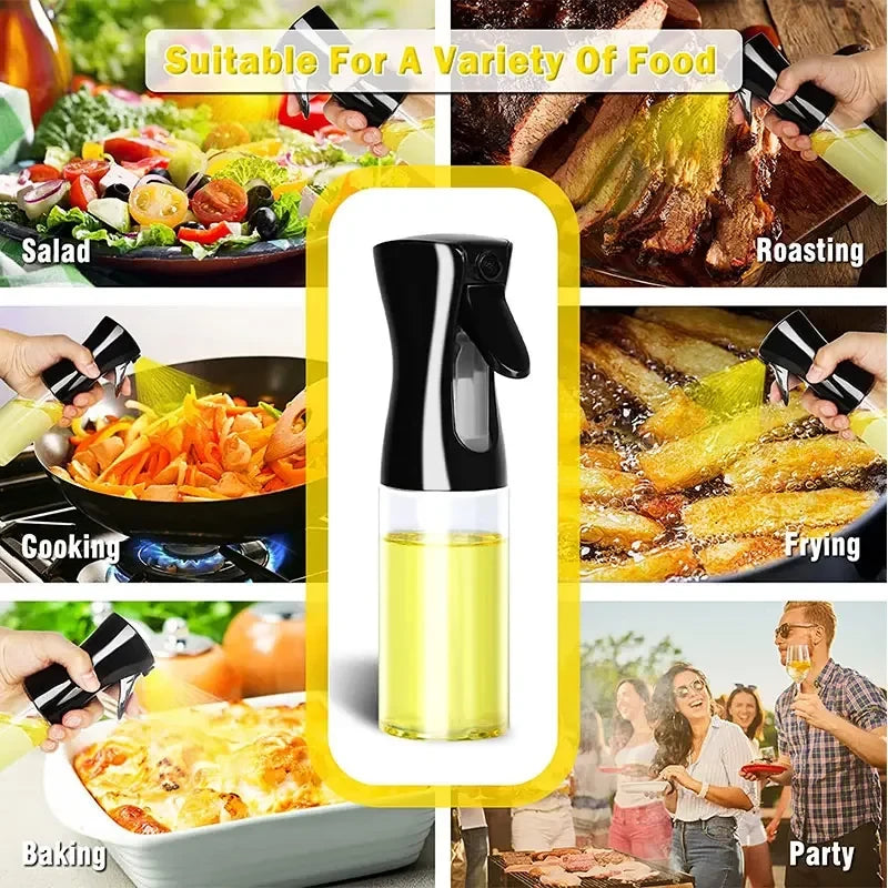 Oil spray bottle spraying oil on food in a pan
