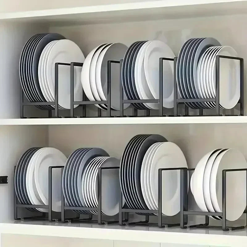 Stackable kitchen cabinet plate storage rack organizing plates and cutting boards