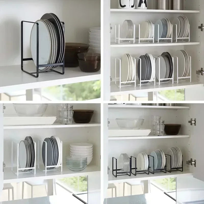 Plate storage rack in white shown in kitchen cabinet