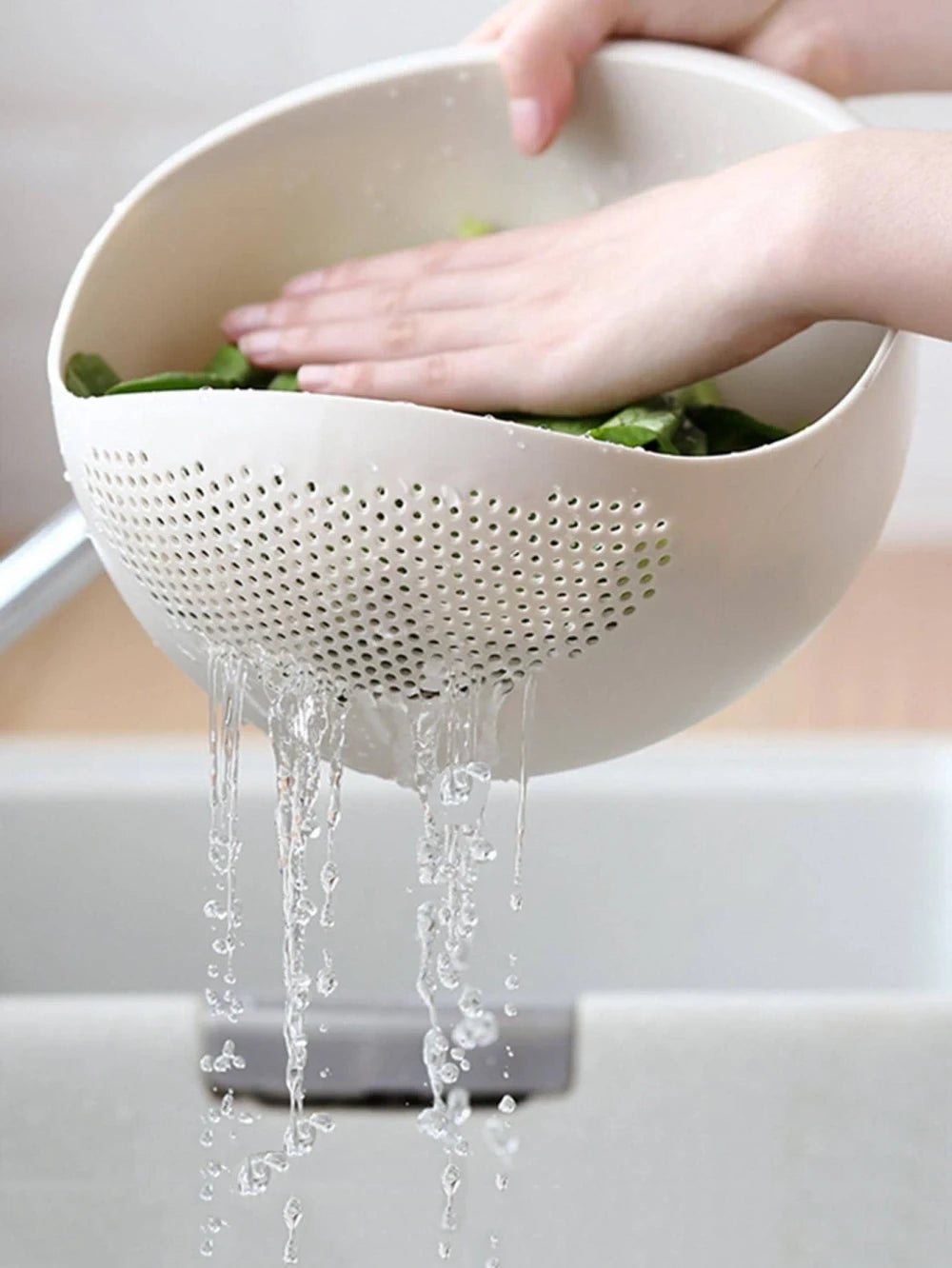 Rice washing drain basket used as a vegetable colander