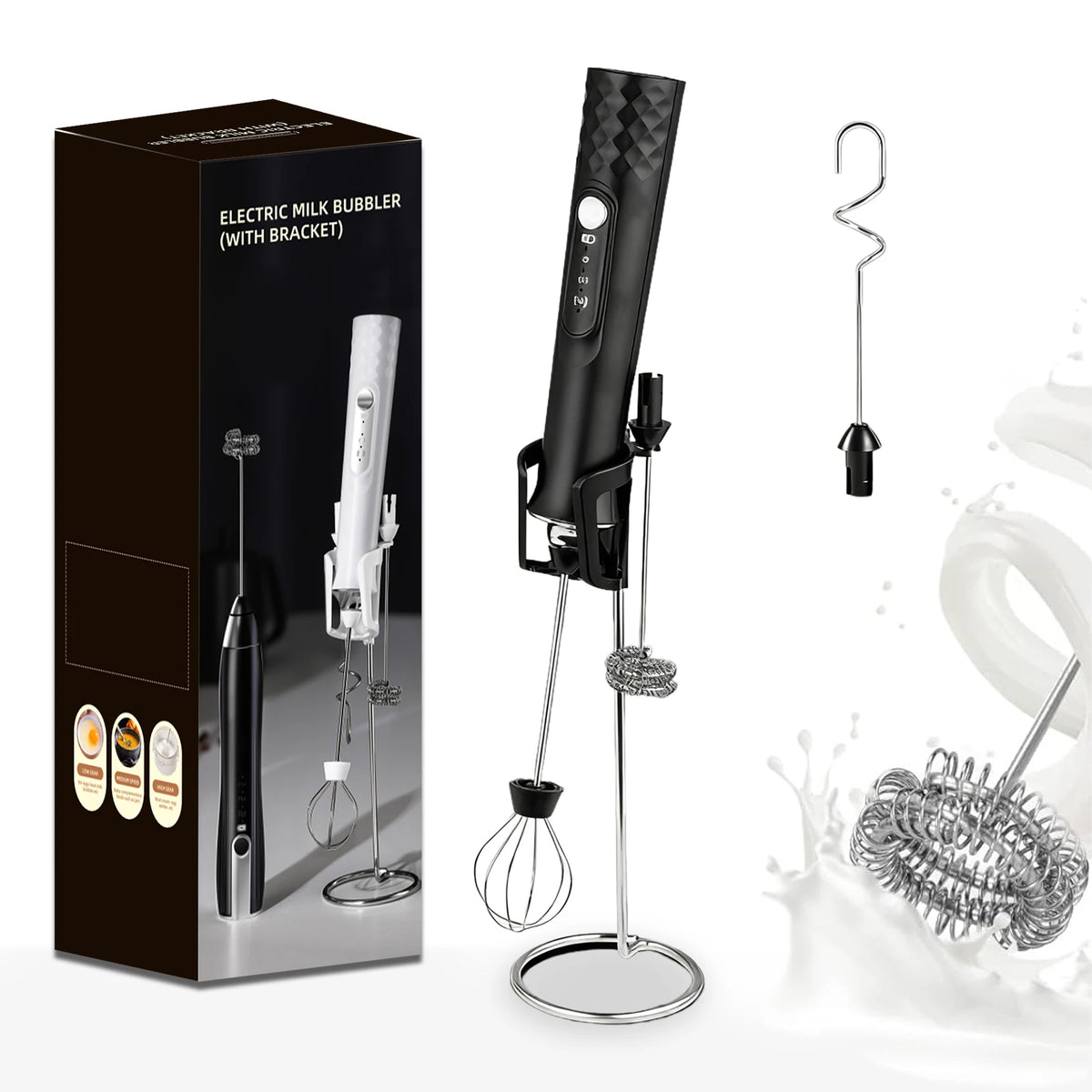 Rechargeable handheld milk frother wand in black