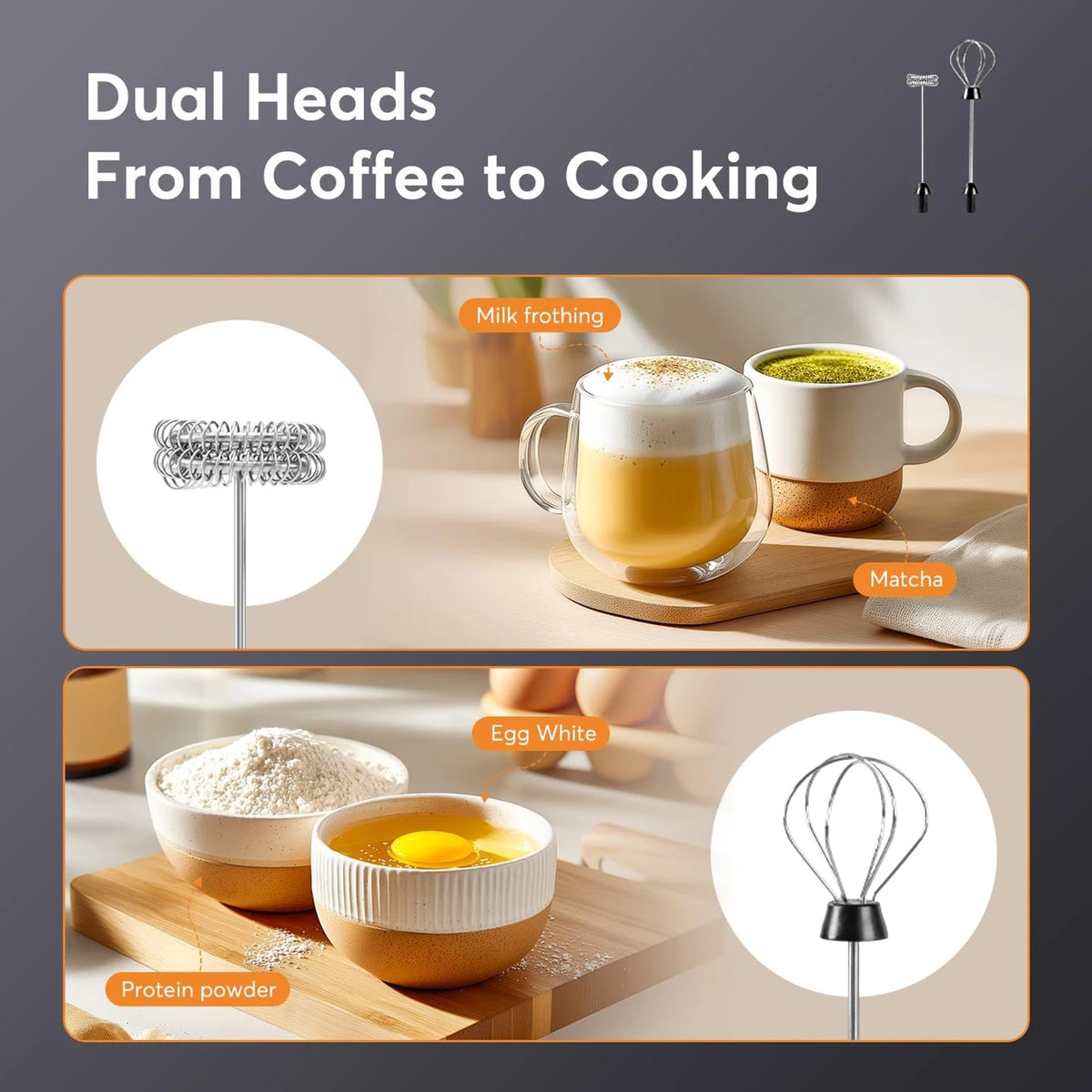 Handheld milk frother with USB charging cable