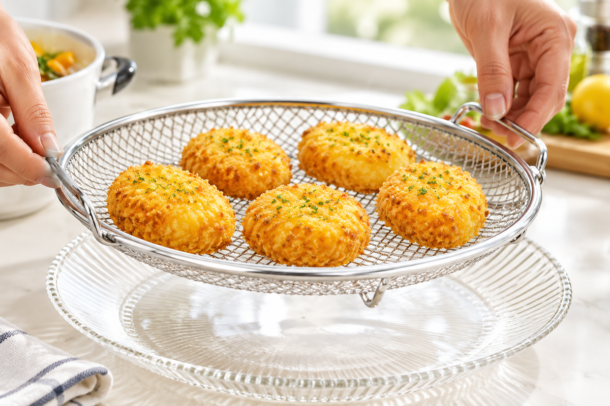 Basket on glass stand with golden food