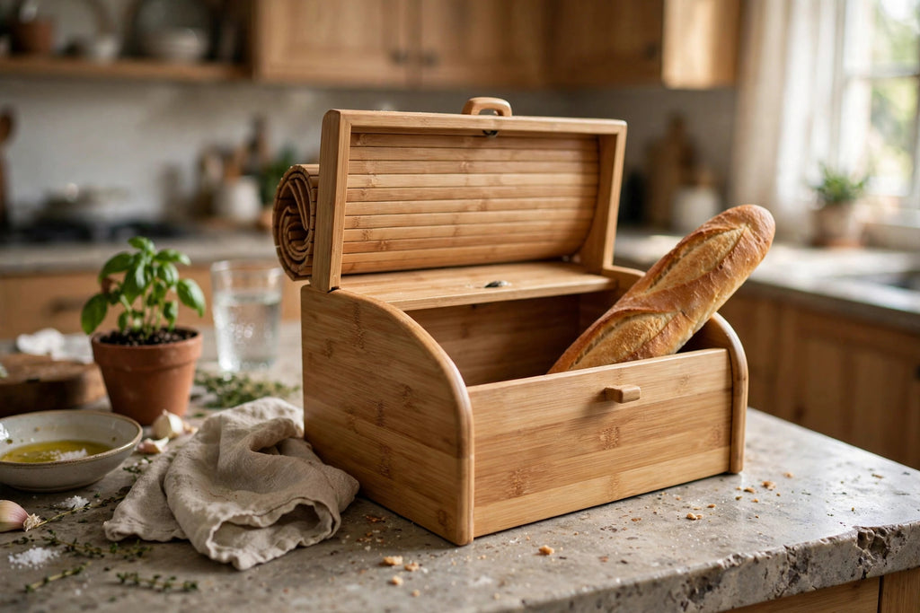 Bamboo Bread Box - Double-Layer Roll-Top Bread Storage
