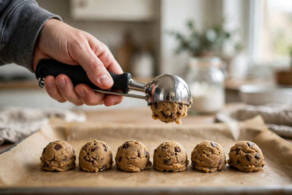 Scooping chocolate chip cookie dough onto a baking sheet with a stainless steel cookie scoop