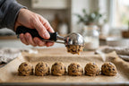 Scooping chocolate chip cookie dough onto a baking sheet with a stainless steel cookie scoop
