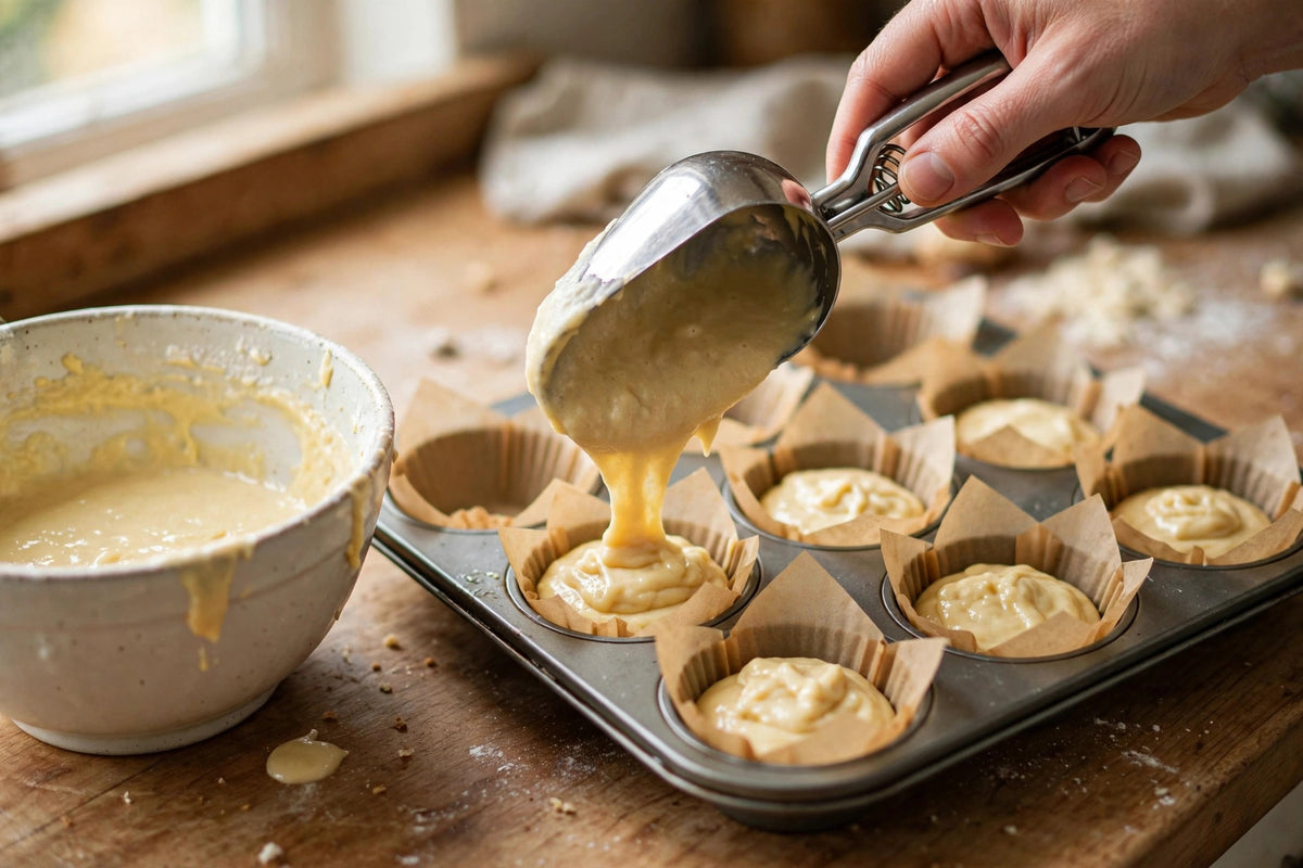 Filling a muffin tin with batter using a stainless steel portion scoop