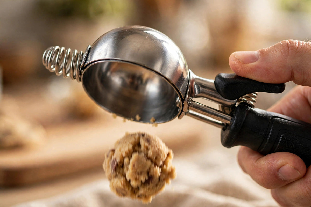 Close-up of squeeze-release cookie scoop dropping a perfect dough ball