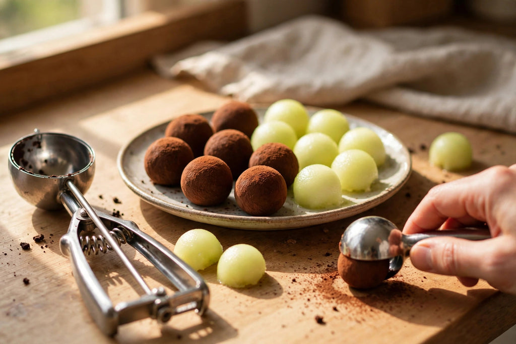 Chocolate truffles and melon balls portioned with the cookie scoop set