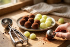 Chocolate truffles and melon balls portioned with the cookie scoop set