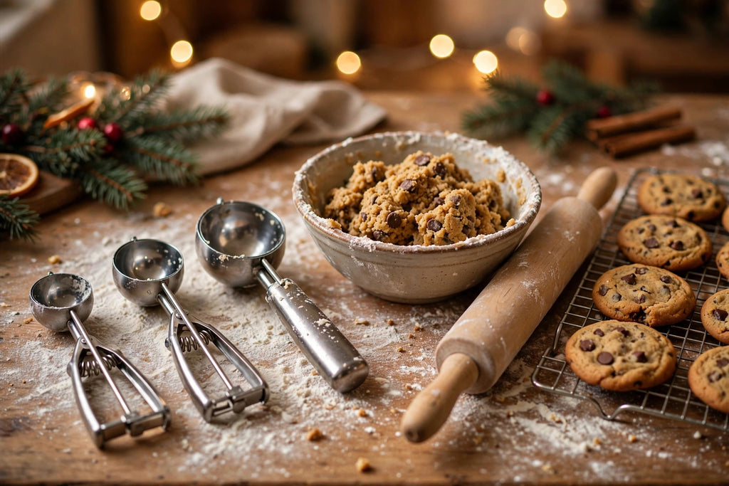 Holiday baking scene with the 3-pack cookie scoop set, dough, and fresh cookies
