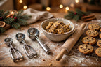 Holiday baking scene with the 3-pack cookie scoop set, dough, and fresh cookies
