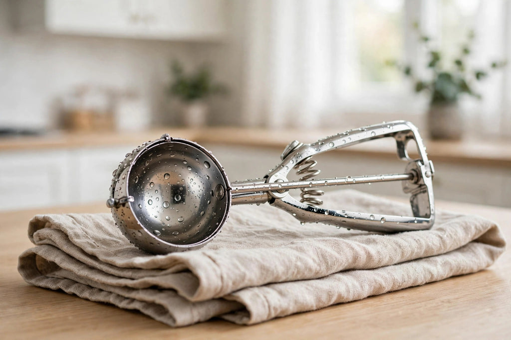 Freshly washed stainless steel cookie scoop on a kitchen towel