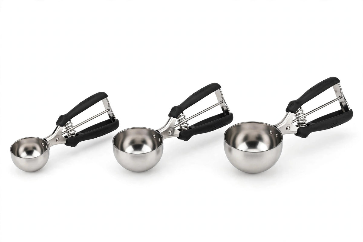 Cookie Scoop Set 3-Pack – stainless steel portion scoops on white background