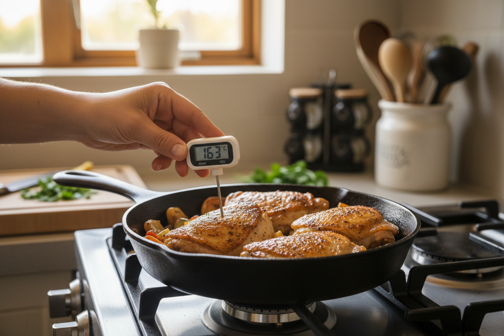 Hand using meat thermometer to check chicken thigh in cast iron skillet