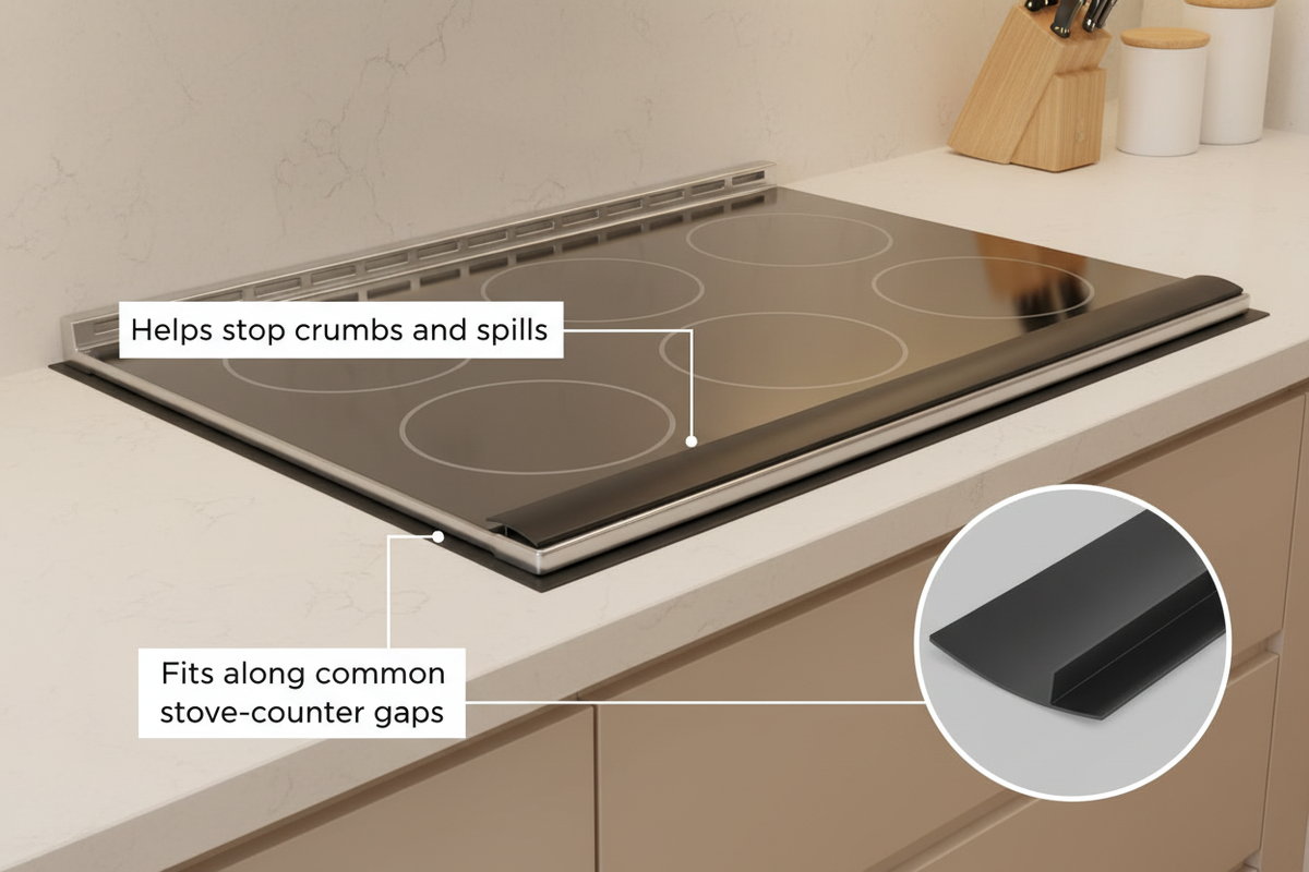 Expandable silicone stove gap guards installed along a common stove-counter gap with a close-up product inset