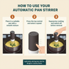 Three-step infographic explaining how to place, start, supervise, and remove the pan stirrer