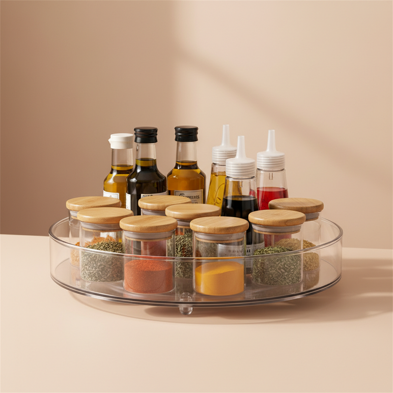 Clear rotating countertop organizer holding spice jars and condiment bottles