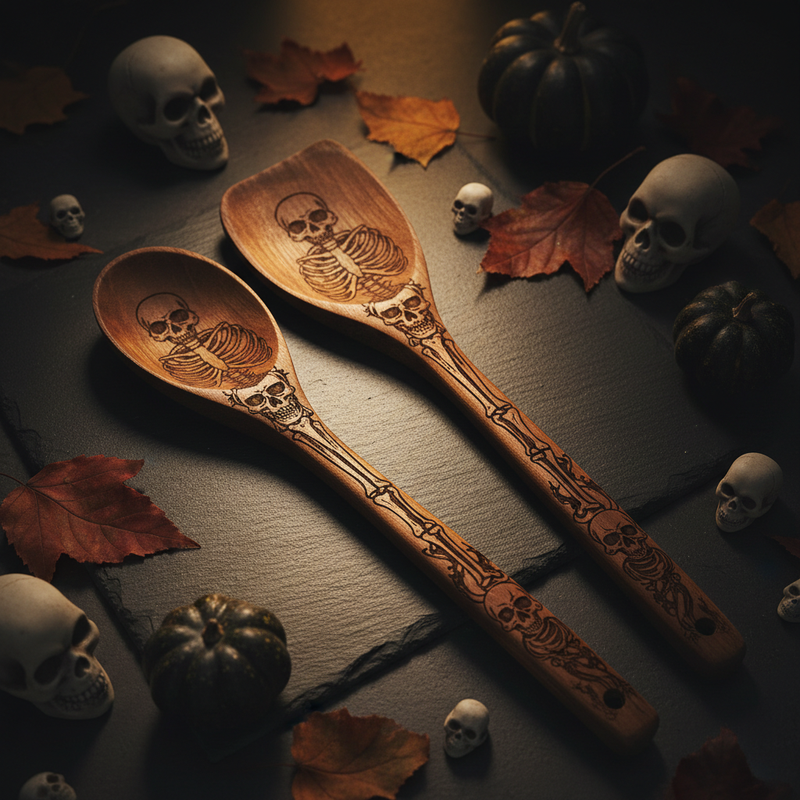 Gothic skeleton bamboo cooking utensil set — engraved wooden spoon and spatula