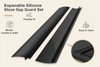 Expandable silicone stove gap guard set with callouts showing it blocks crumbs and spills, has a flexible fit, and is easy to clean