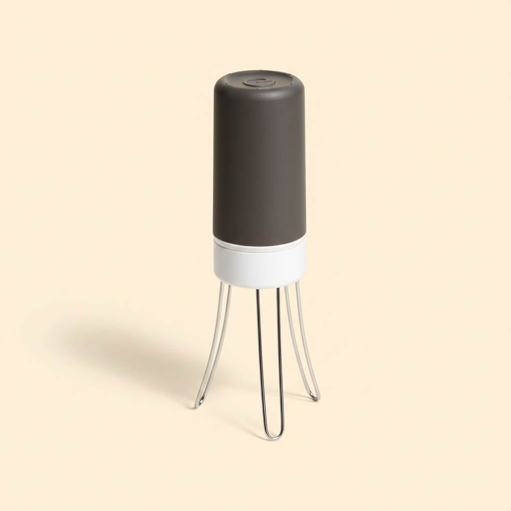 Hands-free automatic three-leg pan stirrer on a cream studio background