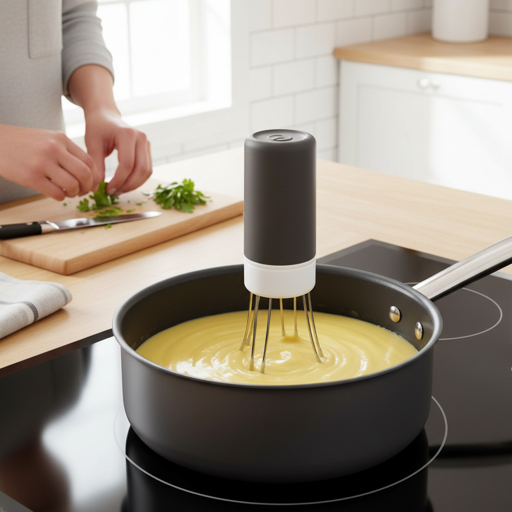 Hands-free automatic stirrer mixing smooth soup in a saucepan in a bright kitchen