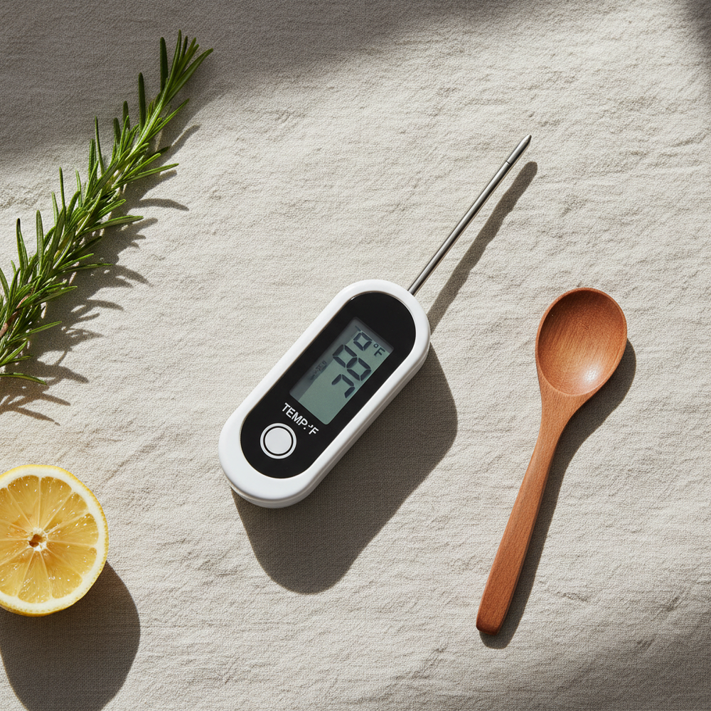 Meat thermometer flat lay on linen with rosemary, lemon, and wooden spoon
