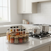 Clear rotating organizer tray on a bright kitchen counter
