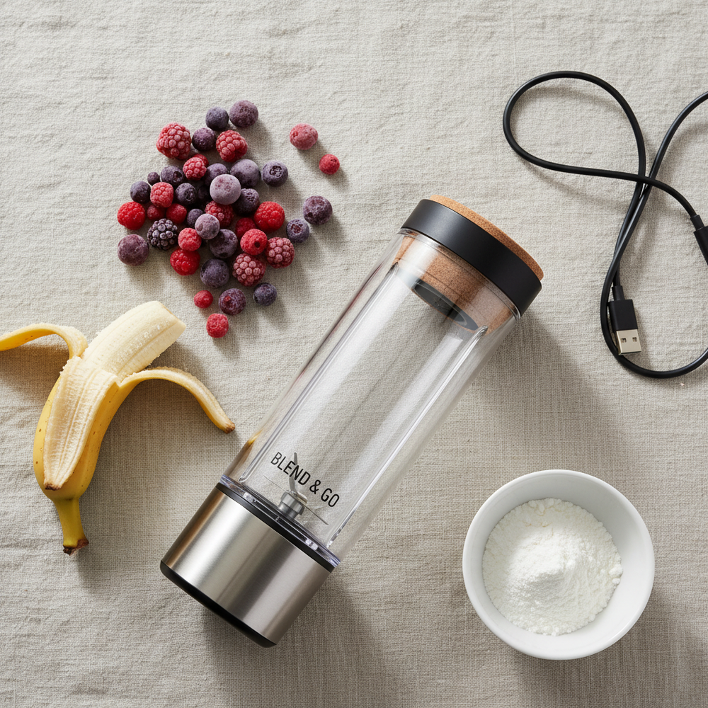 Personal blender flat lay on linen with berries, banana, protein powder and USB cable