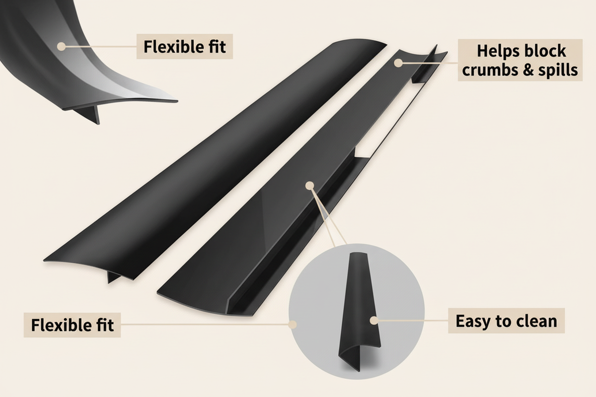 Black flexible stove gap guards with callouts for flexible fit, helping block crumbs and spills, and easy cleaning