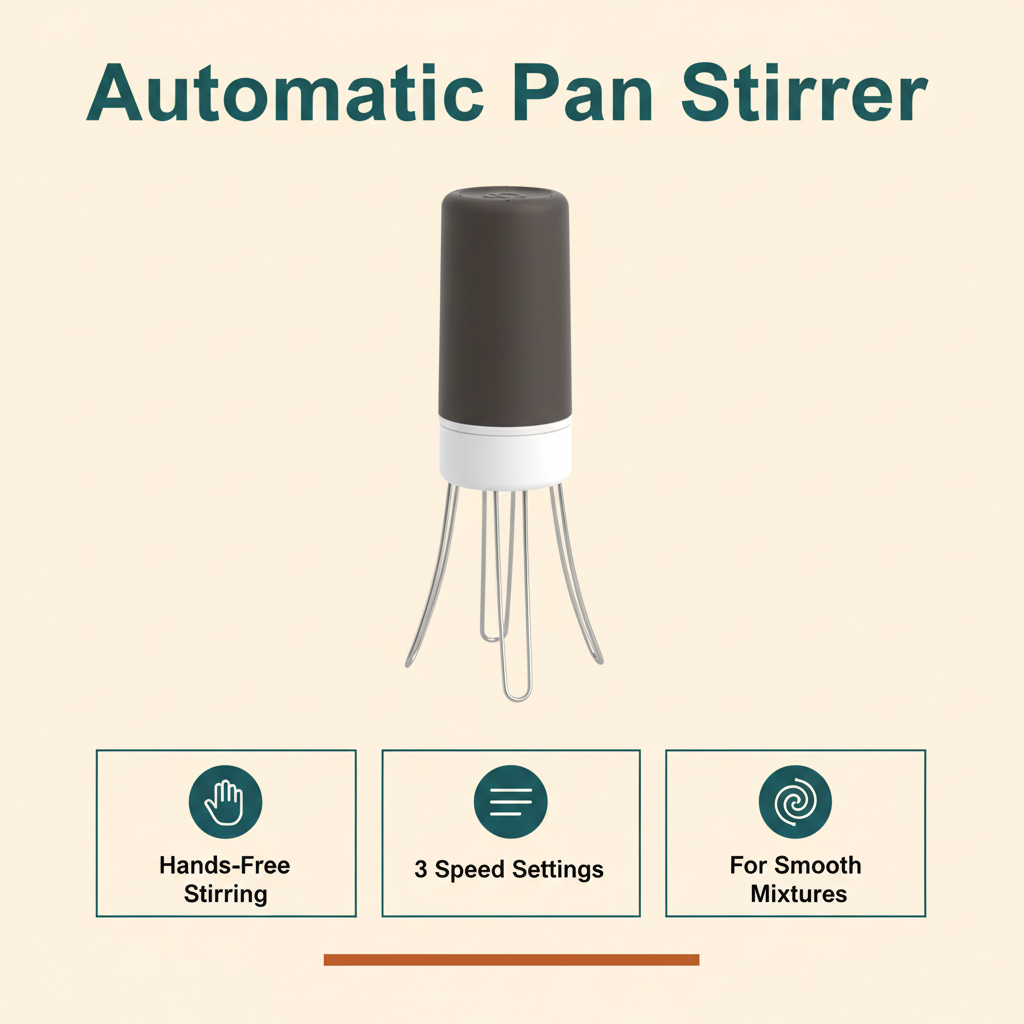 Infographic highlighting hands-free stirring, three speeds, and use with smooth mixtures
