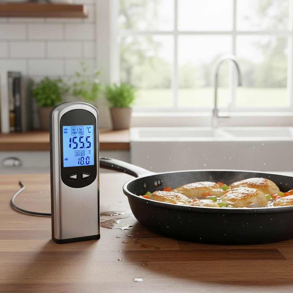 Instant read meat thermometer checking temperature of grilled meat