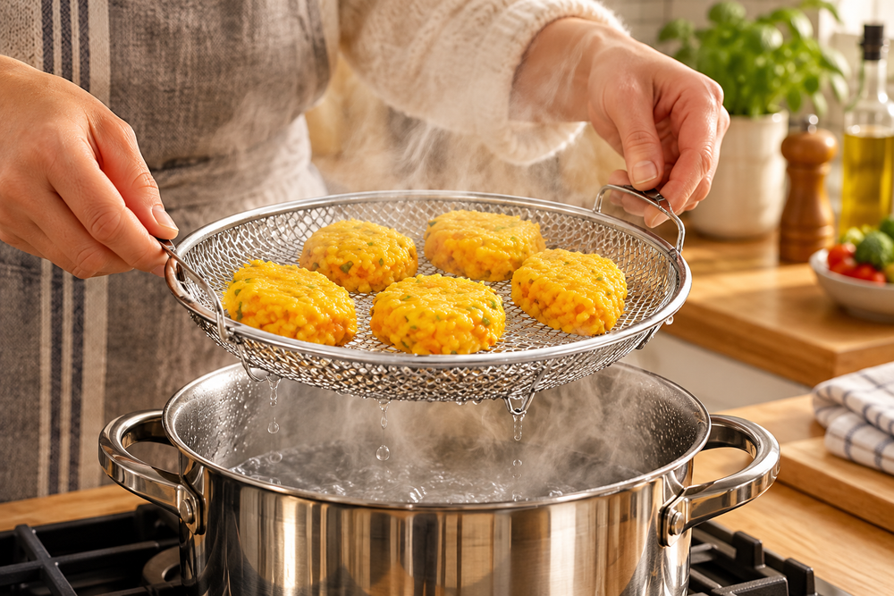 Lifting basket off stovetop pot with steam
