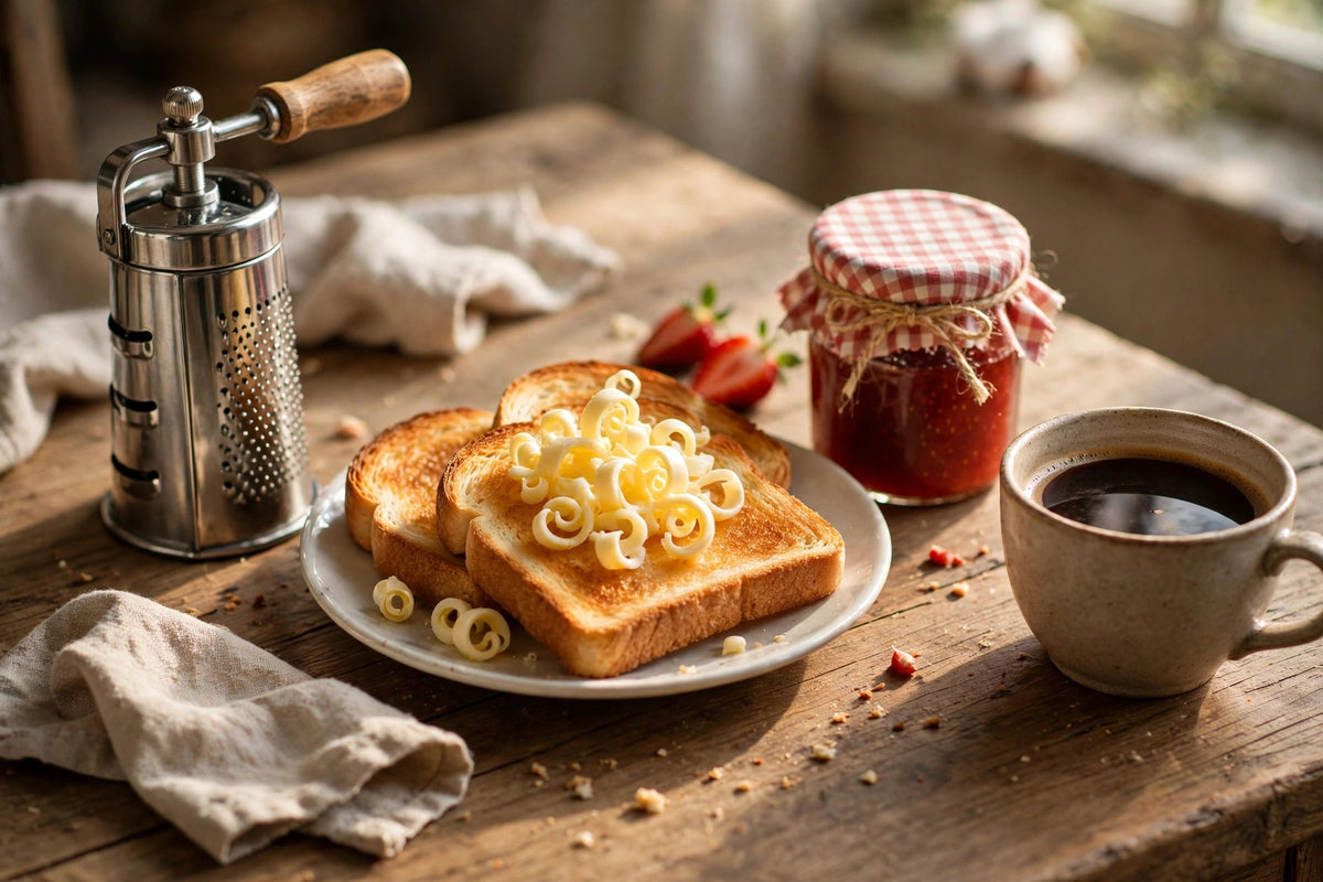 Butter Mill Grater - fresh butter curls on toast