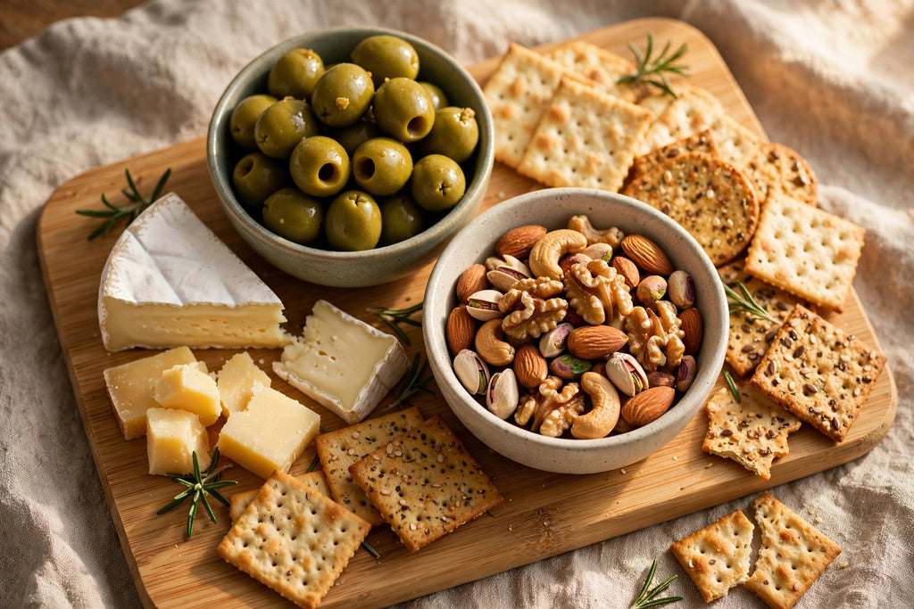 Bamboo Charcuterie Board Set - serving bowls with olives and nuts