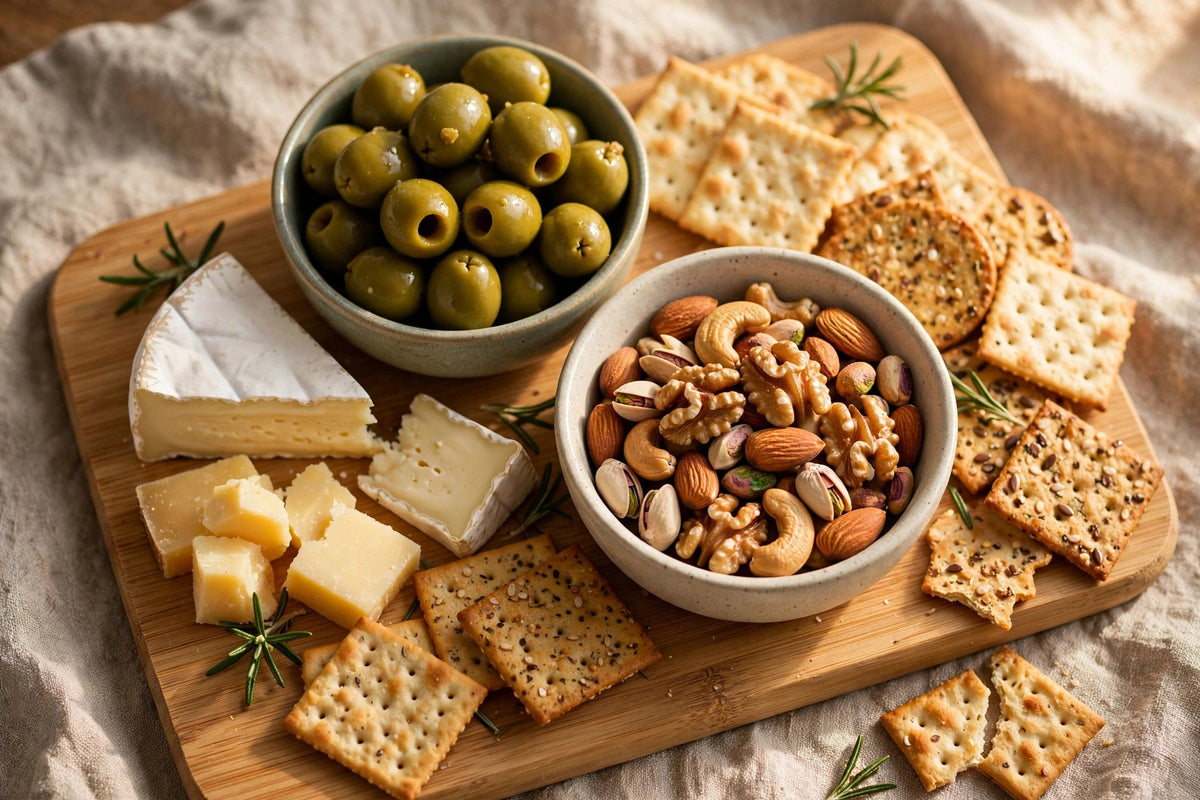 Bamboo Charcuterie Board Set - serving bowls with olives and nuts