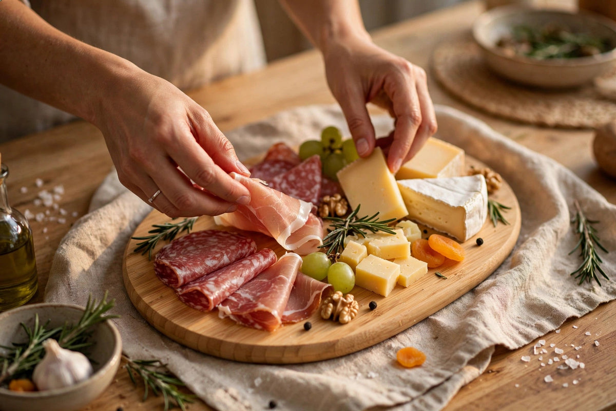Bamboo Charcuterie Board Set - arranging food on the board