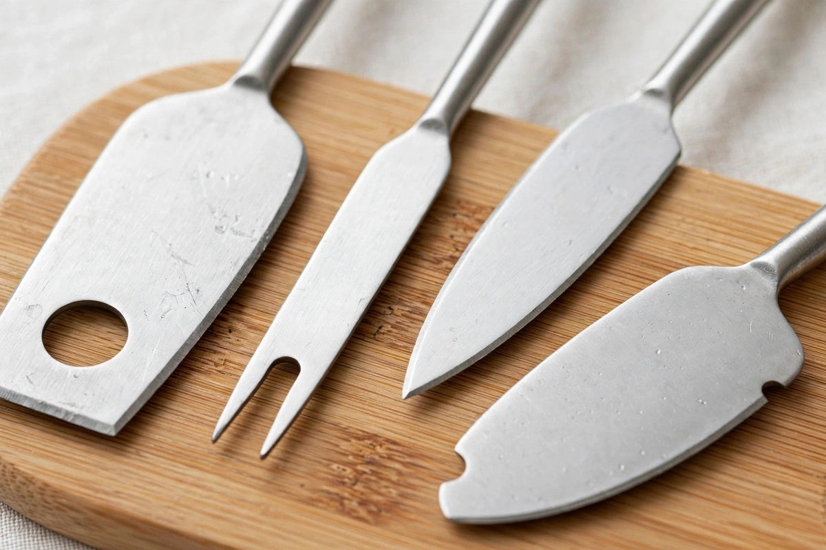 Bamboo Charcuterie Board Set - stainless cheese knives close-up