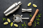 Cocktail Shaker Bar Tool Set - Stainless Steel - full tool set flat lay