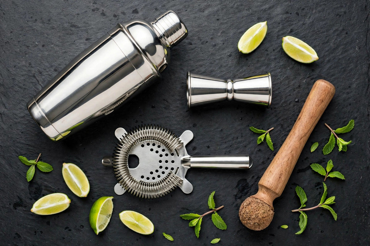 Cocktail Shaker Bar Tool Set - Stainless Steel - full tool set flat lay