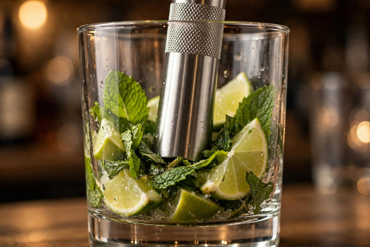 Cocktail Shaker Bar Tool Set - Stainless Steel - muddling mint and lime