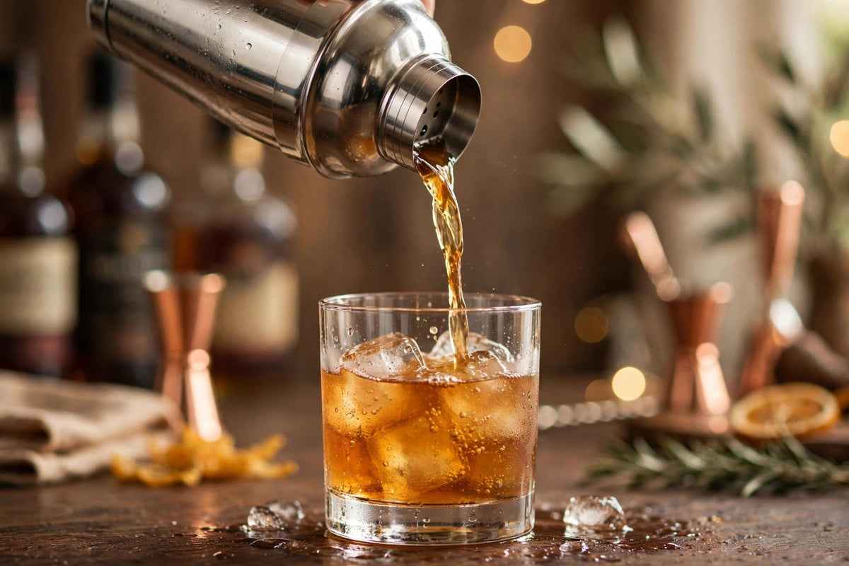 Cocktail Shaker Bar Tool Set - Stainless Steel - pouring a shaken cocktail