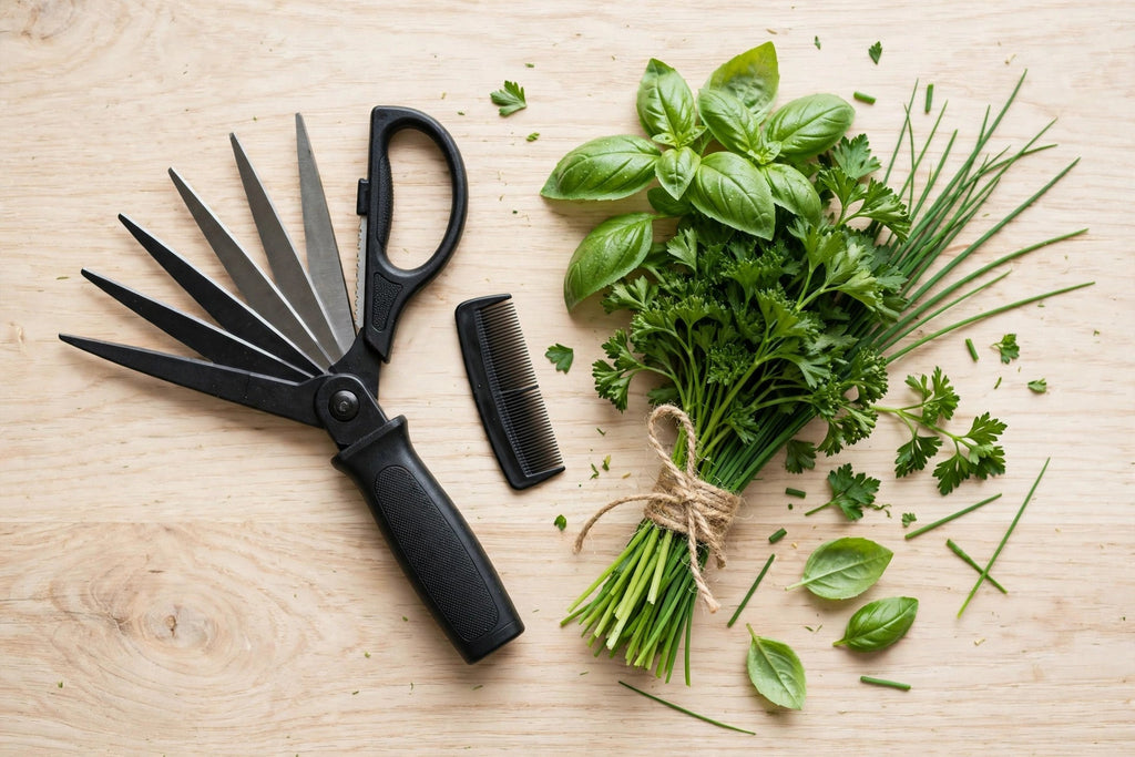 5-Blade Herb Scissors with Cleaning Comb - Stainless Steel - flat lay with fresh herbs