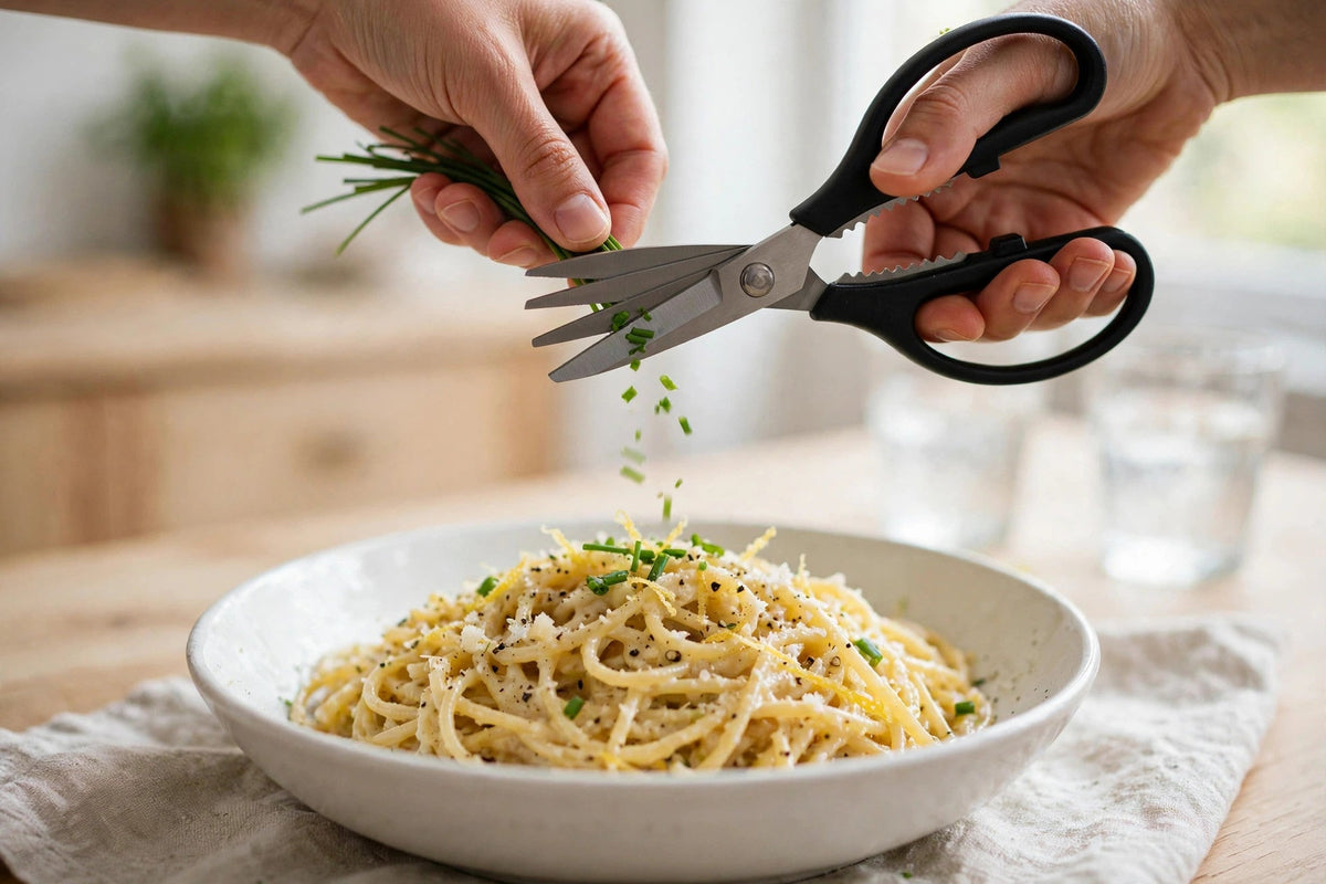 5-Blade Herb Scissors with Cleaning Comb - Stainless Steel - snipping chives over pasta