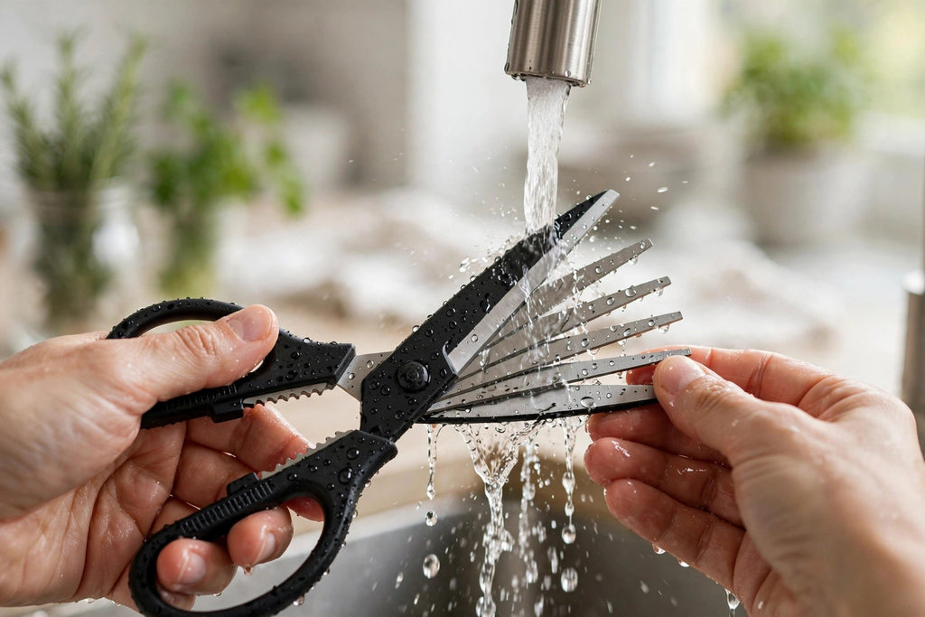 5-Blade Herb Scissors with Cleaning Comb - Stainless Steel - rinsing under tap