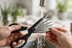 5-Blade Herb Scissors with Cleaning Comb - Stainless Steel - rinsing under tap