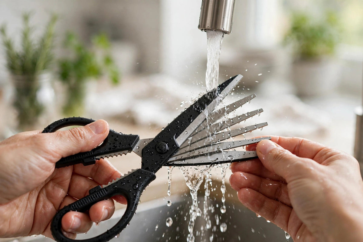 5-Blade Herb Scissors with Cleaning Comb - Stainless Steel - rinsing under tap