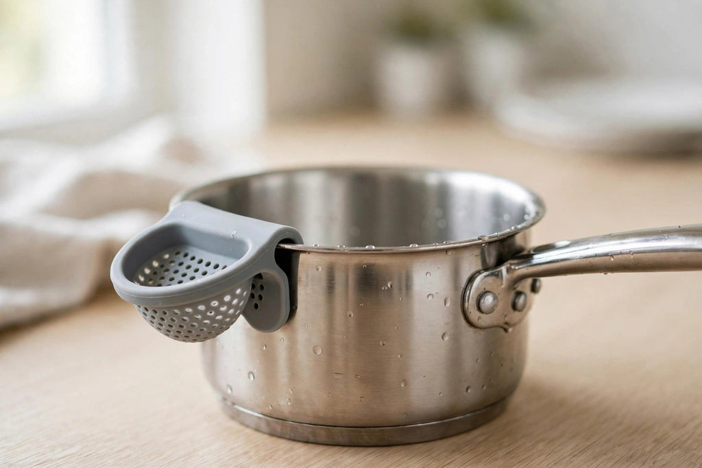 Clip-On Silicone Pot Strainer - Snap-On Pasta and Veggie Drainer - clipped on small saucepan